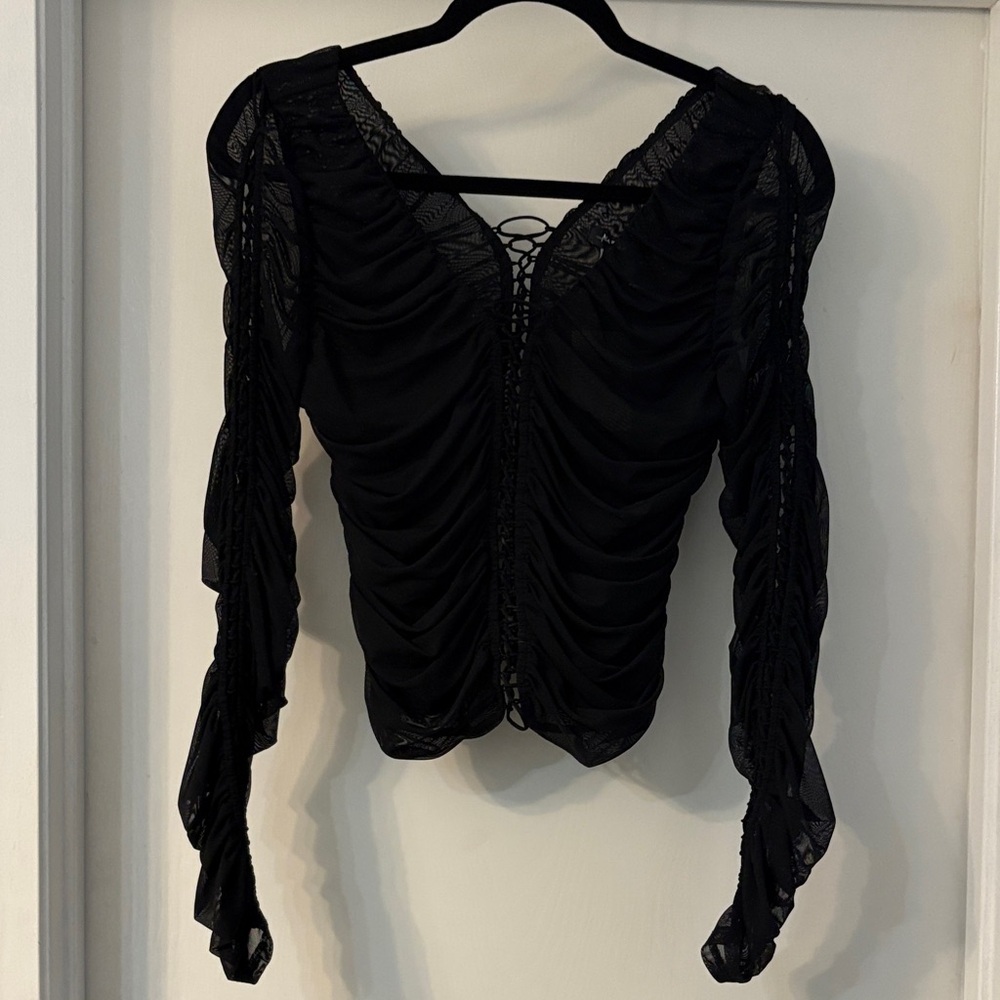 Marciano Black Sheer Ruched Lace-Back Long Sleeve Top